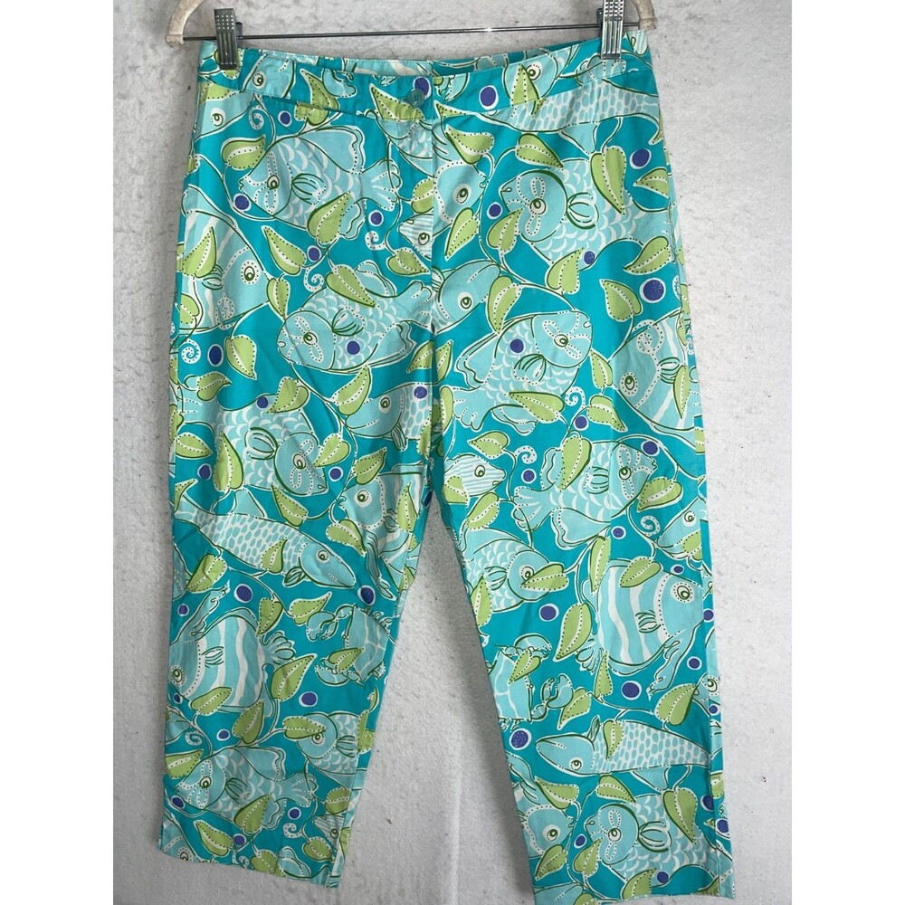 Vintage Lilly Pulitzer Cropped Pants Womens 10 Blue Green Capri Cotton Fish